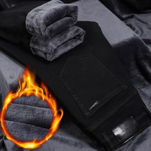 SHAN BAO 2021 winter fleece thick warm brand stretch jeans classic pocket youth mens fitted slim straight denim jeans