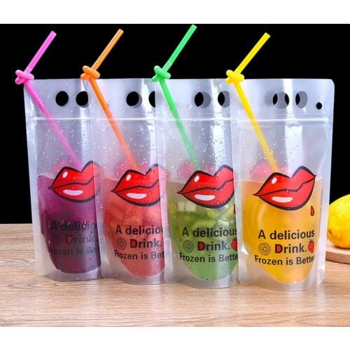 100pcs/lot New Design 7 Styles Plastic Drink Packaging Bag Pouch for Beverage Juice Milk Coffee with Handle and Holes for Straw