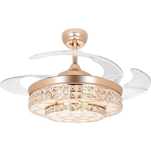 42 Inch Invisible Crystal Ceiling Fan with LED Light and Remote, 4 Retractable ABS Blades Fan Chandelier for Bedroom Liningroom