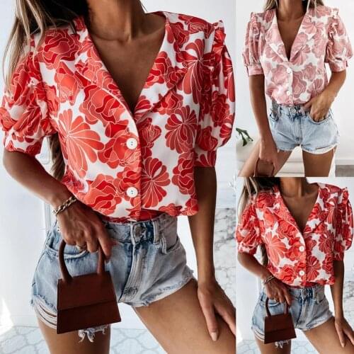 Fashion Elegant Women Shirt Floral Print Ruffles Single-breasted Short Sleeve Feminine Blouse Summer Blouse Office Lady Top