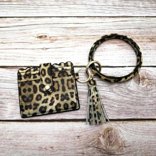 ZWPON PU Leather Credit Card Holder Tassel O Circle Keyrings Bracelets Women Leopard ID Wallet Gold Keychain Wholesale
