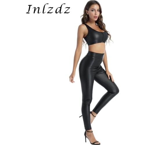 Women Patent Leather Pants Set Rave Outfit Scoop Neck Sexy Clubwear Cropped Tank Top with Zipper Crotch High Waist Skinny Pants