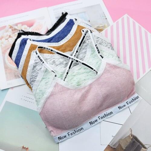 Women Young girls Student Letters Printed Spaghetti Straps Bra Removable Padded Seamless Bralette Teenage Girl