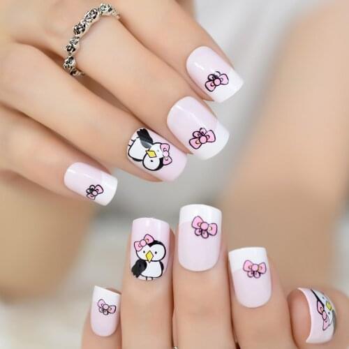 Baby Pink White French False Nail Tips Cute Bow Penguin Cartoon Pattern Fake Nails Square Full Cover Artificial Faux Ongle