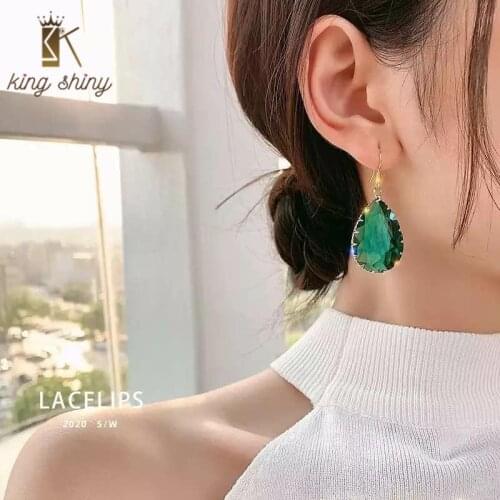 Exquisite Green Crystal Dangle Earrings for Woman Elegant Geometric Water Drop Shape Statement Drop Earrings Girls Party Jewelry