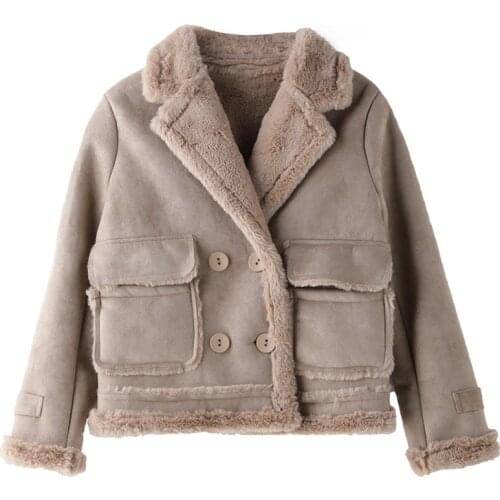 Short Automotive Woman Fur Leather Jackets and Coats Double Breasted Winter Warm Biker Khaki Fur Coat For Women Overcoats A252