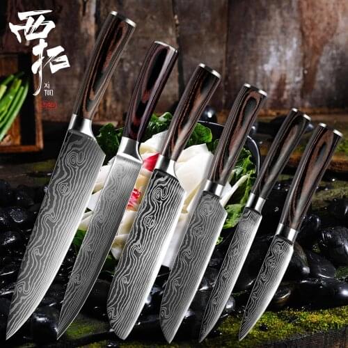 XITUO Kitchen chef knife laser Damascus pattern paring vegetable Steak Cleaver cooking tool stainless steel color wooden handle