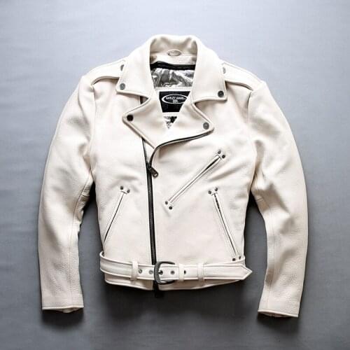 Fashion Brand White genuine leather jacket men slim fit motorcycle jacket with belt mens moto biker cowhide leather coat male