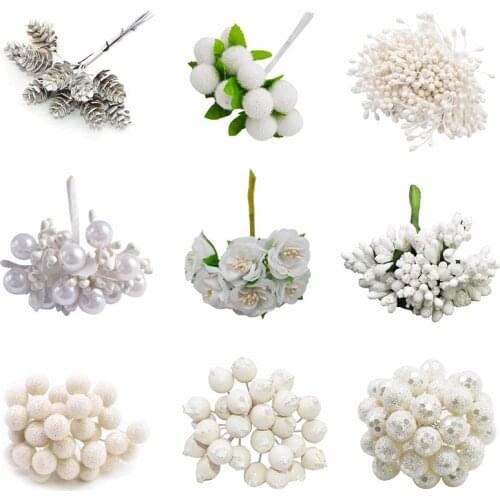 Mini Mixed White Artificial Plant Flowers Cherry Stamen Berries Bouquet Christmas Wedding Cake Gift Box DIY Wreath Deco Supplies