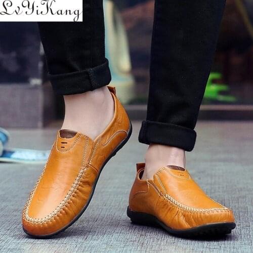 Genuine Leather Men Casual Shoes Luxury Brand 2019 Mens Loafers Moccasins Breathable Slip on Black Driving Shoes Plus Size 37-47