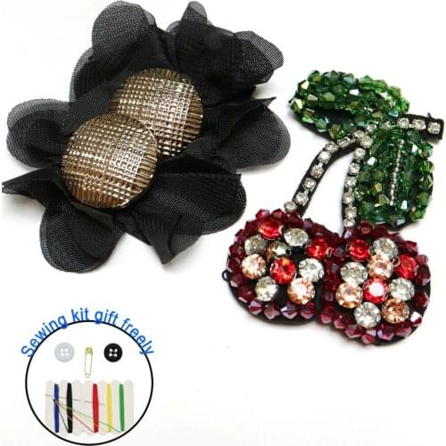 Black flower beaded appliques patches for clothing DIY sew on rhinestone patches cherry Embroidery parches bordados para ropa
