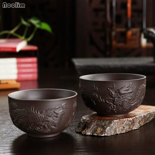 NOOLIM Handmade Purple Clay Embossed Dragon and Phoenix Kung Fu Master Tea Cup Office Teacup Ceramic Water Mug Home Drinkware