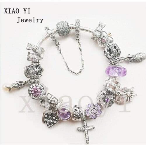 XIAOYI 2020 New 100% S925 Fish cross gift box dense zircon flower snowflake bow safety chain glazed fashion gentle bracelet