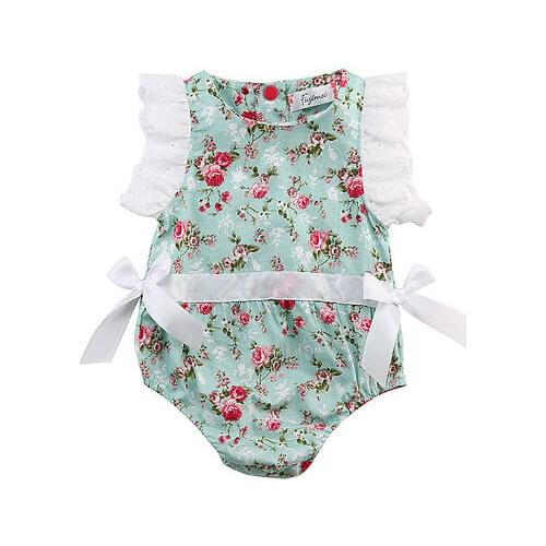 Newborn Toddler Baby Girls Pretty Romper Short Petal Sleeve Floral Print Lace Bowknot Infant Jumpsuits Cute Summer Kids Romper