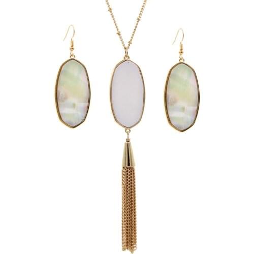 Wholesale 6 Set Lot Statement Oval Pendant Necklace + Drop Earrings Jewelry Set Imitation Abalone Shell IVORY MOTHER OF PEARL
