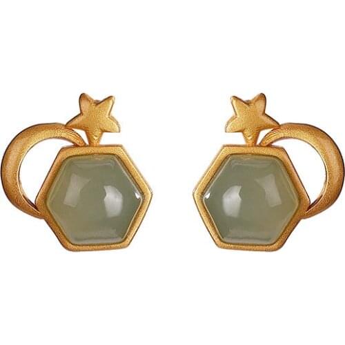 S925 sterling silver gold-plated natural Hetian gray jade stud earrings retro personality Star Moon geometric womens earrings