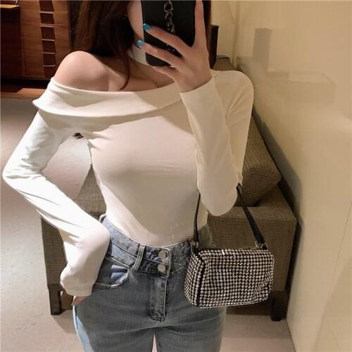 Sexy Hot Bodycon Crop Top Solid Casual Women T Shirts Spring 2021 New Long-sleeved T-shirt Slash Neck white tshirts 2571E