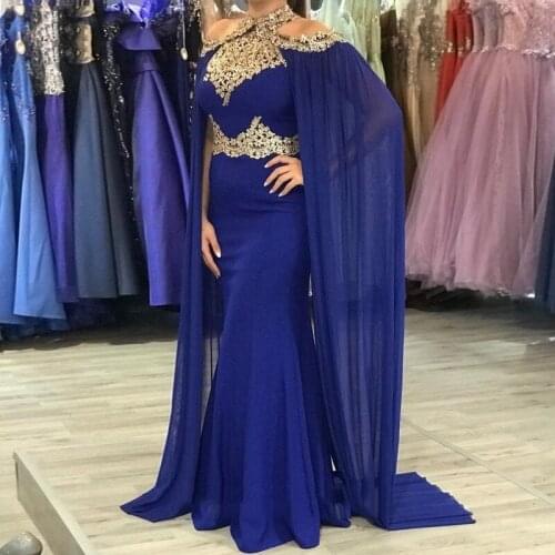 Royal Blue Chiffon Gold Appliques Mermaid Evening Dress with Cape Prom Gown Arabic Party Dress Morocco Kaftan