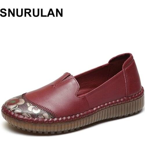 SNURULAN 2020 Retro Handmade Mom Flats Plus Size 35-41 Genuine Leather Women Loafers Casual Soft Comfortable Shoes