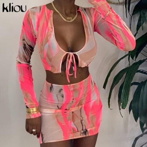 Kliou sexy mesh see though 2 piece outfits full sleeve low-neck bandage sling crop top mini dress matching set fashion clubwear