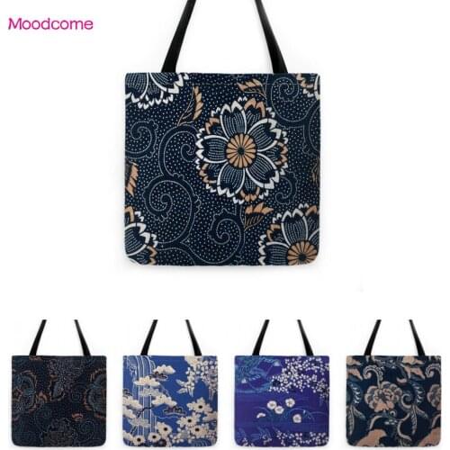 Navy Blue Flower Pattern Design Grocery Storage Carrying Shopper Tote Bag Large Size Cotton Linen Geometry Summer Shoulder Bag