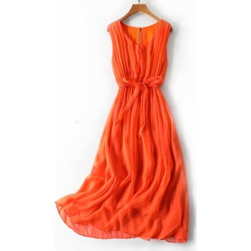 Tcyeek Vintage Summer Beach Dress Women Long Party Dress Orange Vestidos Sleeveless Boho 100% Real Silk Elegant Dresses 98011