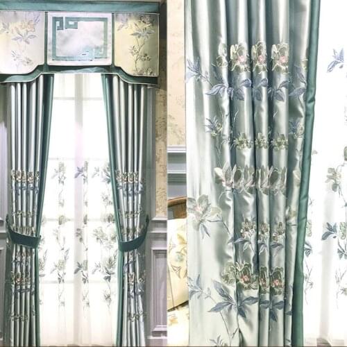 New Chinese style Chinese style silk imitation high precision living room bedroom embroidered flower blue curtain fabric yarn