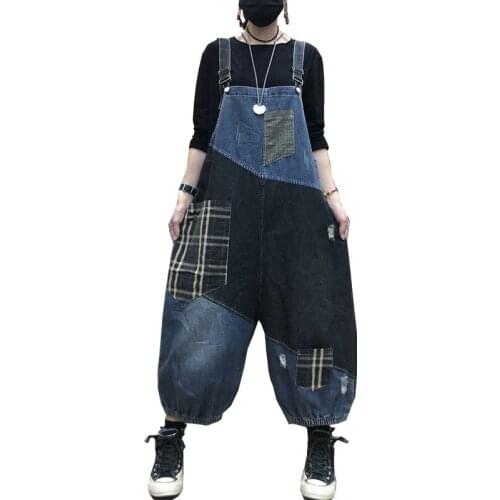 Spring Autumn New Style Big Size Women Jumpsuits Plaid Patchwork Denim jumpsuit overall streetwear Femme Loose pants