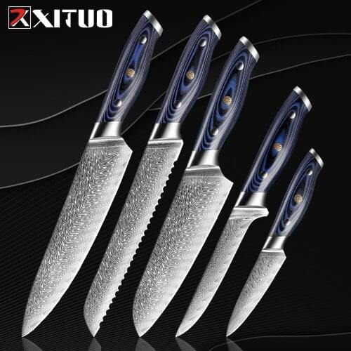 XITUO Damascus Chef Utility Santoku Paring Bread Knife 2-6Pcs Knives Set Japanese VG10 Steel Kitchen Knives Blue G10 Handle