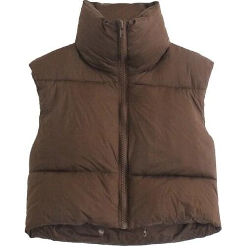 YYCZF Women Casual High Collar Za Coffee Color Short Parkas Outwear Chic Lady Fashion Zippers Sleeveless Jackets Vest