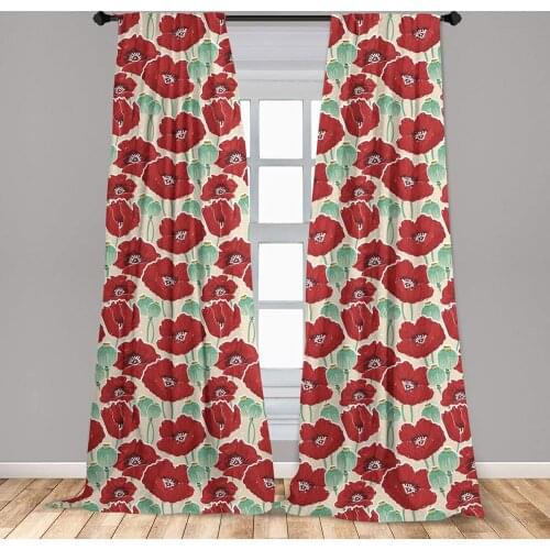 Poppy Flower Curtains Spring Garden with Red Blossoms Capsules and Little Dots Window Treatments for Living Room Bedroom Decor