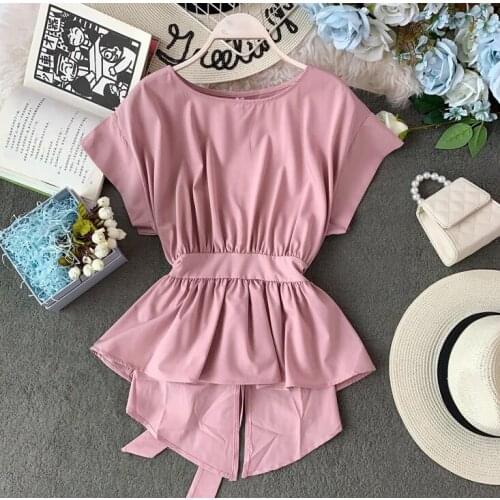 Womens summer short sleeve thin chiffon shirt female high waist belt pullover Shirt Blouse TB158