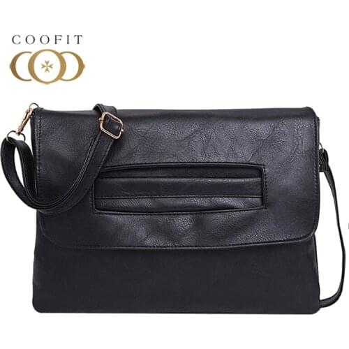 Coofit Messenger Bag Women Large Clutch Bag Simple Solid Leather Shoulder Bag Business Clutch Purse For Ladies Female Tote Bags