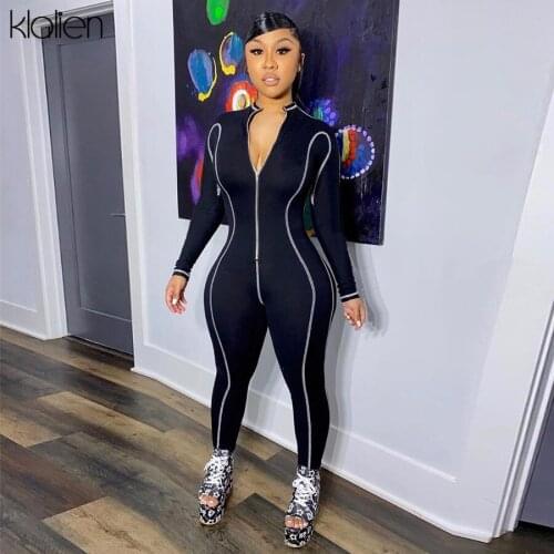 KLALIEN women spring patchwork zipper fitness skinny slim female jumpsuit leisure streetwear elastic sportswear outfit ladies