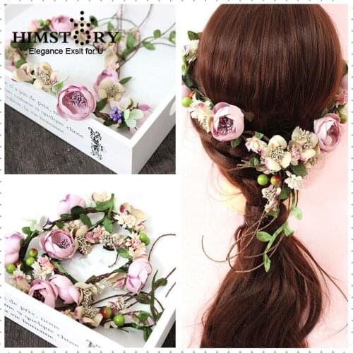 HIMSTORY Romantic Flower Wreath Girl Bridal Hair Accessories Wedding Headband Party Holiday purple Violet Floral Hair garlands