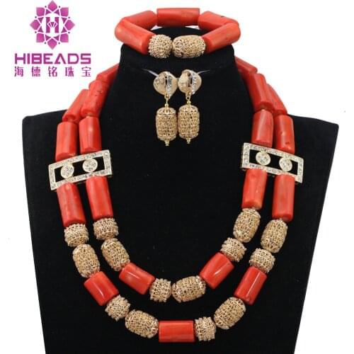 Women Coral Costume Jewelry Set Dubai Gold Bridal Statement Coral Necklace Set African Party Jewelry Beads Free Shipping QW1195