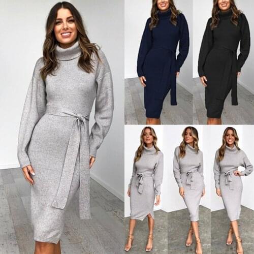 Autumn Winter 2021 Sexy Package Hip Lace Up Women Midi Dresses Turtleneck Long Sleeve Slim Party Dress Female Thin Knitted Dress