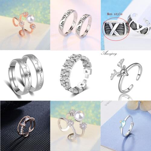 ANENJERY 925 Sterling Silver Pearl Zircon Flower Bow Letter Rings For Women Men Couple Ring Wholesale Jewelry Holiday Gift
