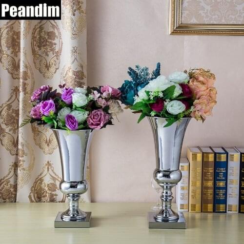 PEANDIM Shiny Silver Metal Candle Holder Celebration Party Decoration Wedding Flower Vase Strands Road Lead 40cm & 43cm