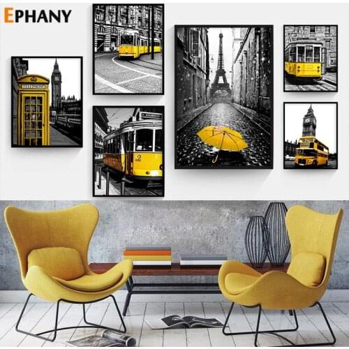 Black White Yellow Umbrella Trolleybus Poster Canvas Print Cityscape Wall Art Painting Minimalist Artwork Picture Home Decor