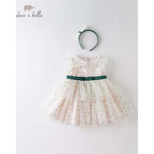 DBM14179 dave bella summer baby girls fashion bow dots print dress with a headwear party dress kids infant lolita 2pcs clothes