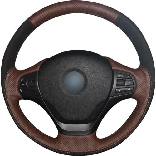 Coffee Natural Leather Black Suede Car Steering Wheel Cover for BMW F30 316i 320i 328i