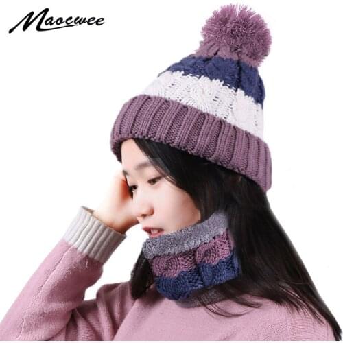 Winter Beanies Pompon Hat And Scarf Set For Women Knitted Fashion Thick Warm Bonnet Cap With Lining Casual Neck Ring Scarf Sets