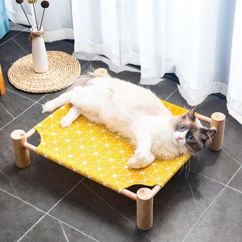 Solid Wood Cat Bed Canvas Camping Bed Moisture-proof Pet Hammock Removable Washable Cat Litter Crawling Furniture 58*43*13 cm