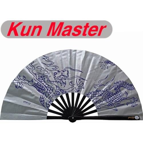 Kun Master 34 Cm Bamboo Chinese Kung Fu Tai Chi Fan With Dragon Design Silver