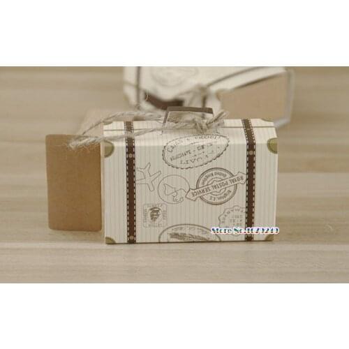 Mini Suitcase paper Box,Party Favor Candy Box, Vintage Kraft Paper with Tags and rope for Wedding/Travel Themed Party200pcs/lot