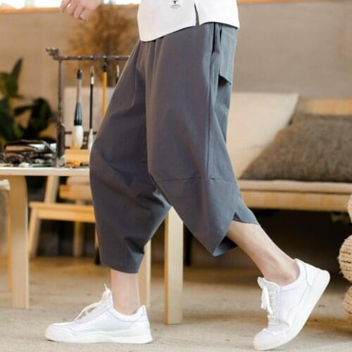 Men Harajuku Harem Pants 2020 New Cotton Linen Joggers Pants Male Vintage Chinese Style Sweatpants Drawstring Cross Bloomers