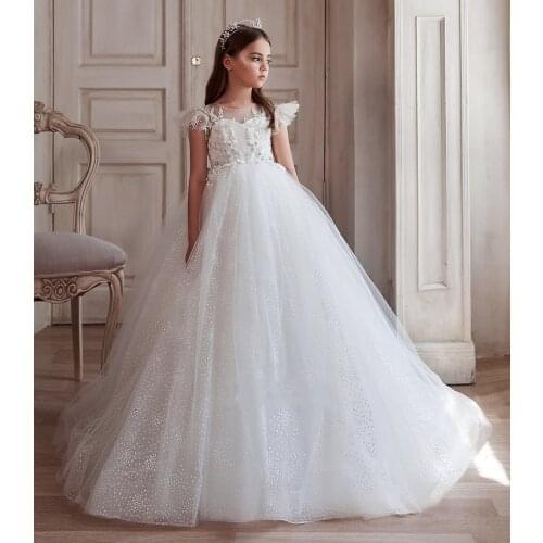 New Flower Girl Dress Glitter Tulle Appliques Children Wedding Party Gown First Communion Dress