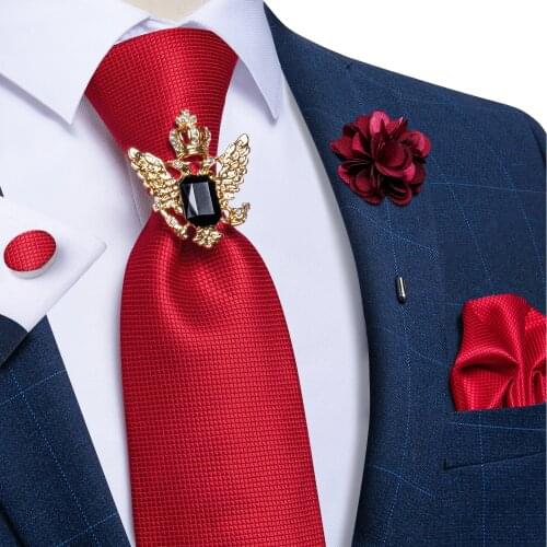 Solid Red Ties For Men Tie Buckle Hoop Fashion Wedding Party Neck Tie Handkerchief Cufflinks Brooch Pin Luxury Men Gift DiBanGu