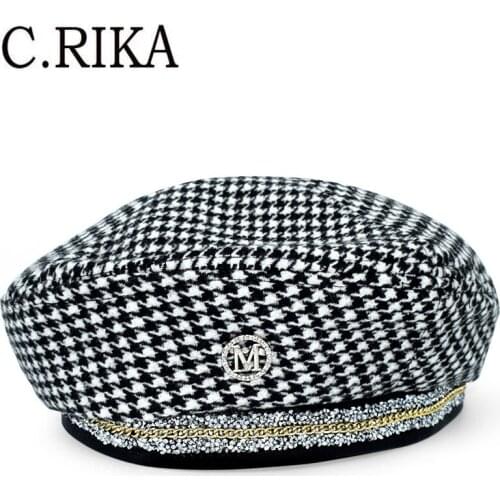 Autumn Winter M Letter Houndstooth Beret Women Ladies Girl Japanese Fashion Vintage Painter Hat Outdoor Warm Beret Hat Wholesale